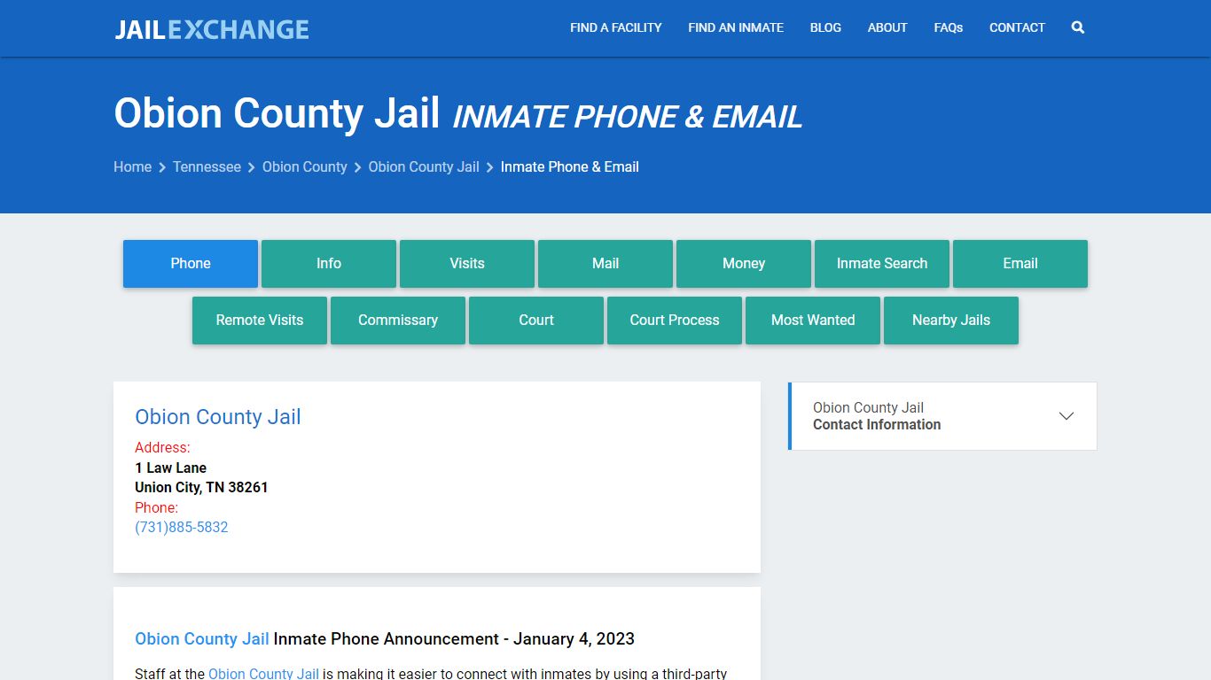 Inmate Phone - Obion County Jail, TN - Jail Exchange