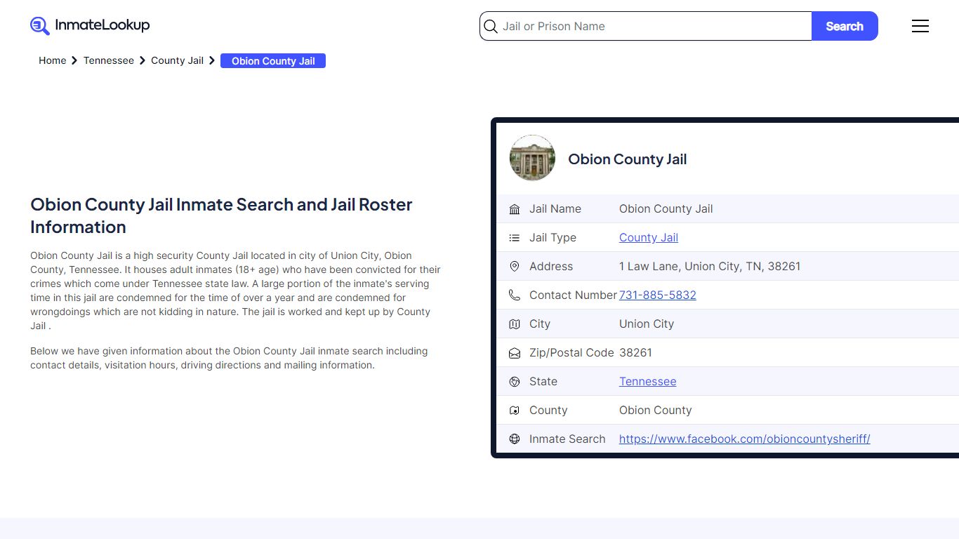 Obion County Jail (TN) Inmate Search Tennessee - Inmate Lookup